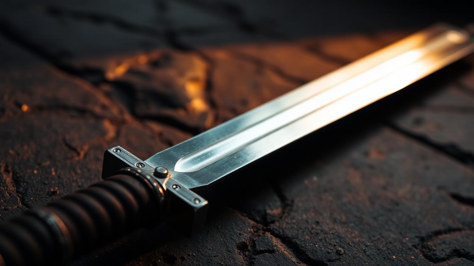 Polished longsword on dark stone