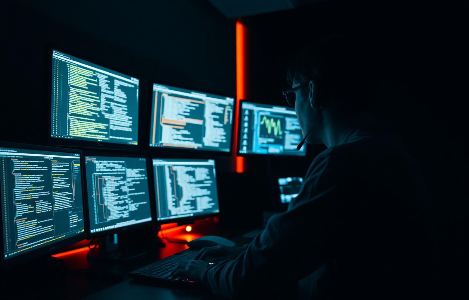 Security analyst monitoring threat dashboards on multiple screens